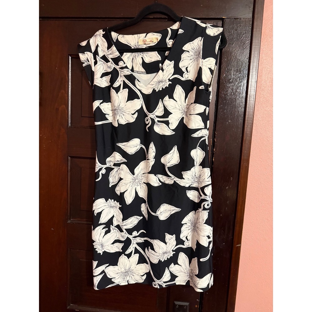Aryeh Womens Floral V-Neck Sheath Dress Black White Size Medium Cap Sleeve